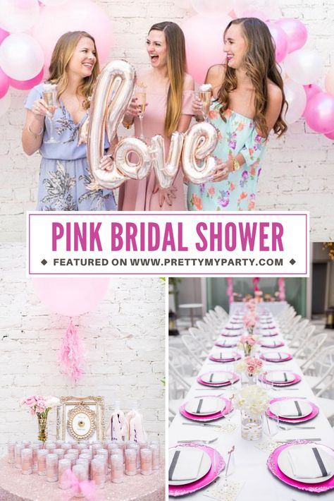 Girly Pink Bridal Shower - Pretty My Party - Party Ideas Pink Bridal Shower Ideas Decoration, Pretty In Pink Bridal Shower Ideas, Pink Bridal Shower Ideas, Pretty In Pink Bridal Shower, Pink Bridal Shower Theme, Champagne Food, Pink Bridal Party, Bridal Shower Decorations Pink, Bridal Shower Drinks