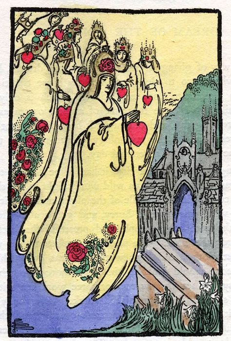 "Once in a dream", The Green Sheaf, No 2, 1903 Edited, Published and Sold by Pamela Colman Smith." I saw a great church with an long , narrow door, and behind it rose a green hill. There was a garden on the top with arches cut in box. The rooks cawed overhead. As I walked at the foot of the hill I came to the churchyard, where many lilies grew; and close by the church door was a sandstone tomb with two figures carved on it. A foot of one them began to way." Pamela Colman Smith, Namaste Art, Rider Waite Tarot Cards, Rider Waite Tarot Decks, Rider Waite Tarot, Book Cover Illustration, Tarot Art, Photo Wall Collage, Animated Images