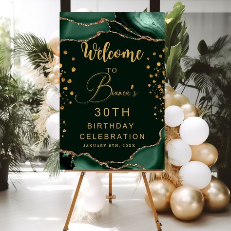 Editable Green AGATE Birthday Welcome Sign Template or PRINTABLE Welcome Poster AGATE is an editable, easy-to-personalize Template. You can Personalize your Editable PRINTABLE Birthday Party decor Welcome Sign in Canva, an easy-to-use editor that works in your web browser, There's even a free version. The Welcome Sign Decoration features a Black/Blue design with Blue Agate which would be a great way to welcome your guests to your events. Black Welcome Signage Would be perfect for any event such Green Gold And Black Birthday Party, Black White And Green Birthday Party, Emerald Green Black And Gold Birthday, Emerald Green 50th Birthday Party, Black And Green Theme Party, Green Birthday Decorations For Man, Birthday Signage Ideas, 40th Birthday Welcome Sign, Birthday Party Green Theme