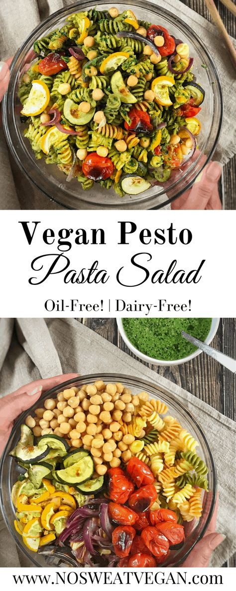 Fun fusilli pasta, creamy vegan pesto, earthy chickpeas, and bright roasted vegetables, combine for a quick, easy, and colorful vegan pesto pasta salad. This recipe is oil-free but full of flavor. Serve cold as a perfect side dish for a summer cookout or warm as your main course. #veganpastasalad #pestopastasalad #veganpestopasta #veganpesto #vegansidedishes #veganrecipes #coldpastasalad #veganpastasaladrecipe #easyveganpastasalad #easyveganrecipes Salad With Sun Dried Tomatoes, Creamy Vegan Pesto, Salad With Roasted Veggies, Vegan Pesto Pasta Salad, Vegan Pesto Recipe, Vegan Pesto Pasta, Vegan Pasta Salad, Fusilli Pasta, Pesto Pasta Salad