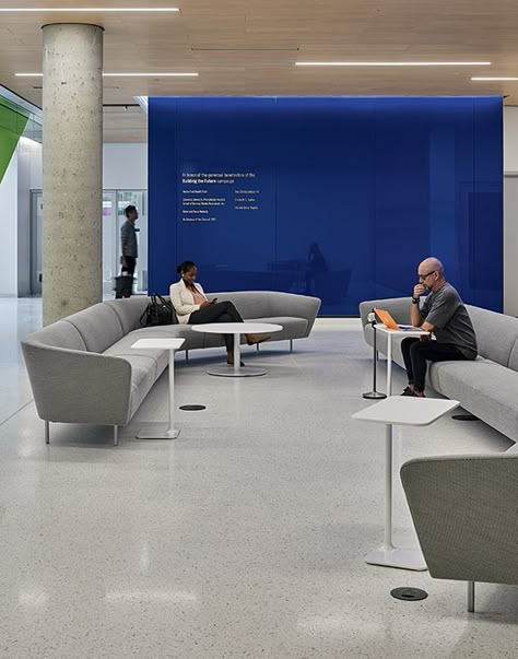 University Lounge Design, Public Office Design, Blue Office Design, Lounge Area Office, Office Lounge Area Design, Corporate Office Furniture, Office Lobby Design, Bank Interior Design, School Of Nursing