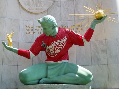 Spirit of Detroit Statue Wearing a Red Wings Jersey, Detroit, MI Spirit Of Detroit, Historic Detroit, Travel Michigan, Detroit Motors, Detroit Redwings, Detroit Art, Detroit History, Michigan Girl, Detroit Sports