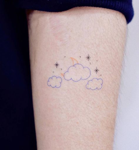 Cloud And Stars Tattoo, Cute Cloud Tattoo, Stars And Moon Tattoo, Clouds And Stars Tattoo, Cloud Tattoo Ideas, Rain Cloud Tattoos, Tattoo Ideas For Female, Cloud Tattoo Design, Rain Tattoo