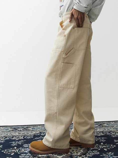 Designer fashion, Seoul-fully created | W Concept Beige Carpenter Pants Outfit, Carpenter Pants Outfit, Wide Fit Pants, Khaki Pants Outfit, Double Knee Pants, Stylish Men Wear, Outfit Oversize, Pants Outfit Men, Workwear Pants