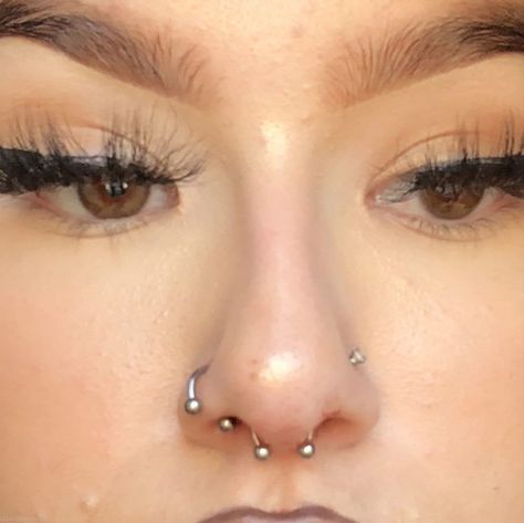 Both Sides Of Nose Pierced And Septum, Septum In Nostril, Septum Piercing Long Nose, 2 Nose Piercings On Each Side And Septum, Nose Peicerings Septum, Double Nose Piercing Different Sides With Septum, Nose Piercing Both Sides And Septum, Nose Piercing Septum And Side, Septum Nostril Combination