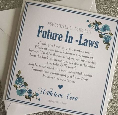 To My Future In-Laws - In-Laws Personalised Wedding Card - To My In-Laws On My Wedding Day - Wedding Card For New In-Laws - #Card #Day #Future #InLaws #Personalised #wedding Quotes For Mother In Law, Quotes For Mother, Father In Law Gifts, Wedding Gifts For Parents, Mother Of The Groom Gifts, Wedding Day Gifts, Mother In Law Gifts, Future Wedding Plans, Cute Wedding Ideas