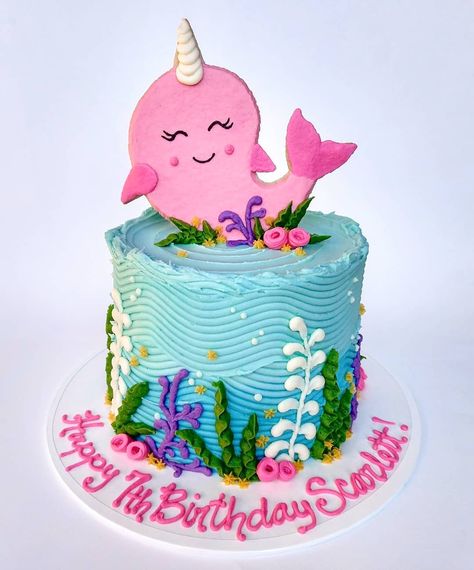 Narwhal Birthday Party Cake, Narwhal Cake Ideas, Narwhal Birthday Cake, Narwhal Birthday Party, Narwhal Cake, Birthday Cake Buttercream, Ocean Birthday Cakes, Narwhal Party, Octonauts Cake