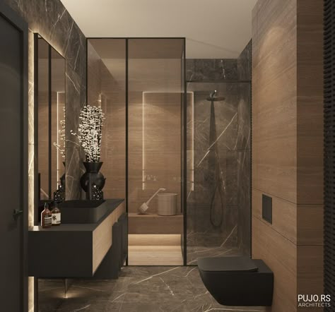 A STUNNING DARK BATHROOM on Behance Dark Modern Bathroom, Design Interior Baie, Modern Luxury Bathroom, Bathroom Design Black, Dark Bathrooms, Bathroom Inspiration Modern, Bathroom Decor Luxury, Washroom Design, Aesthetic Bathroom