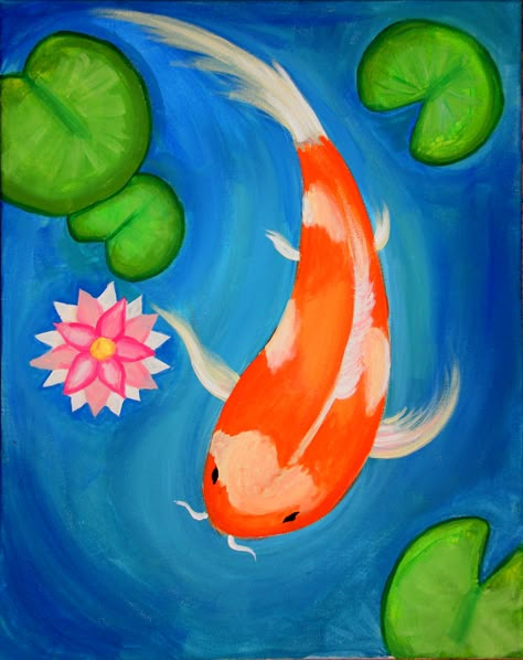 Koi Pond #canvastherapy #paint #acrylic #paintandsip #wine #art #canvas #blackart #painter #girlgroup #memphis #paintingideas #amandab #fish Pond Paintings, Coi Fish Paintings, Cou Fish Painting, Painting Ideas Fish, Easy Koi Fish Painting, Koi Fish Painting Easy Acrylic, Easy Pond Painting, Japanese Painting Easy, Mini Canvas Art Easy Cute Animals