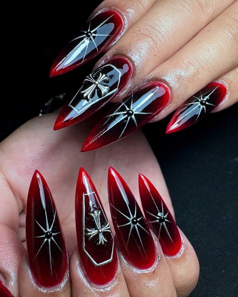 🦇🦇🦇🦇🦇🦇🦇 . . . . . . #nails2inspire #bloodnails #nailsinspiration #nailartist #obscureart #spooky #spookyseason #gothic #vampire #darkwave #thecure #halloween #obscure #balenciaga #viralnails #latex #blackart #punkstyle #rednails #nightmare Edgy Nail Art, Vampire Nails, Color Block Nails, Halloween Nail Ideas, Dark Wave, Quick Nail, Halloween Acrylic Nails, Gothic Nails, Elegant Halloween