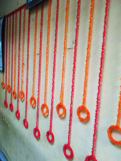 Navratri Wall Decoration Ideas, Back Drop Decorations For Pooja, Bay Decoration Themes Office Diwali, Flower Decoration For Pooja On Wall, Rajasthani Decoration Ideas For Home, Deewali Decoration Ideas, Office Diwali Decoration Ideas, Wall Decoration For Diwali, Navratri Decoration Ideas For Society