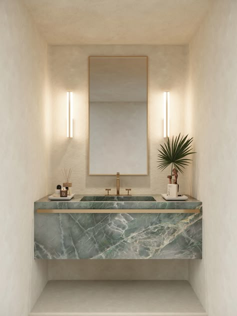 Green Blue Quartzite Bathroom Vanity Stone Vanity Bathroom, Stone Powder Room, Modern Powder Bath, Powder Room Vanity Ideas, Colorful Powder Room, Stone Bathroom Vanity, Quartzite Kitchen Countertops, Beautiful Powder Rooms, Quartzite Kitchen