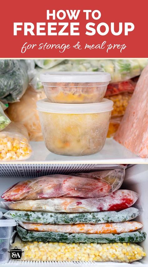 A collage of frozen soups on the freezer shelf. Easy Soups That Freeze Well, Best Way To Freeze Soup, Best Freezer Soups, Make Ahead Soups To Freeze, Soups To Freeze Best, How To Freeze Soup, Soup Recipes To Freeze, Soups That Freeze Well, Soups To Freeze