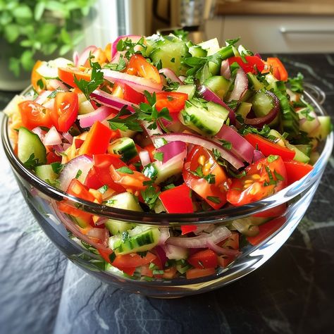 Vibrant Mediterranean Salad: A Burst of Freshness Brighten your table with this Vibrant Mediterranean Salad! 🥗🌿🍅 Packed with fresh vegetables and herbs, it’s the perfect light and refreshing dish for any occasion. Try it out and bring a burst of freshness to your meal! Ingredients 1 cup cherry tomatoes, halved 1 cup cucumber, diced 1/2 red bell pepper, diced 1/2 yellow bell pepper, diced 1/4 red onion, thinly sliced 1/4 cup fresh parsley, chopped 1/4 cup fresh mint, chopped 1/4 cup kalamata... Fresh Vegetable Salad, Red Pepper Salad, Tomato Food, Cucumber And Tomato Salad, Light Foods, Mediterranean Salad Recipe, Cucumber And Tomato, Mixed Salad, Fresh Meal