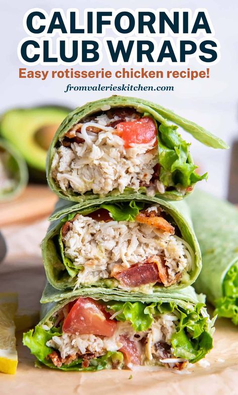 These easy California Club Wraps are loaded with smashed avocado, crispy bacon, tomatoes, lettuce, and rotisserie chicken with a delicious dressing. You'll love this West coast twist on the classic club sandwich. California Wrap Chicken, Chicken Club Wrap Recipes, California Club Wrap, Rotisserie Chicken Wrap Recipes, Best Chicken Wraps, Wrap Sandwich Ideas, Rotisserie Chicken Wraps, Rotisserie Chicken Wrap, Chicken Club Wrap