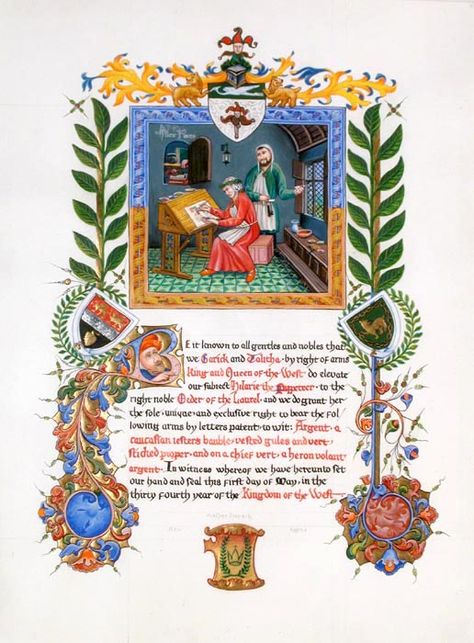 SCA Order of the Laurel Scroll for Hilarie The Puppeteer Illuminated Manuscript Art, Sca Scrolls, Celtic Illuminated Manuscript, Sca Illuminated Scrolls, Medieval Manuscript Border, Medieval Illustration, Manuscript Art, Sca Illumination, Medieval Letter Illumination