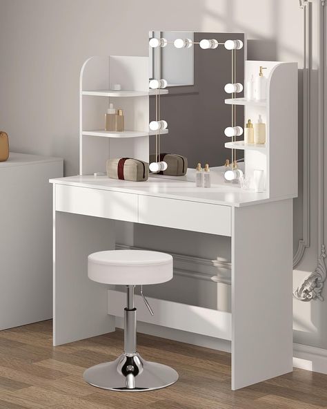 WOLTU Dressing Table Set with Mirror LED and Stool, Vanity Desk with 2 Drawers, 4 Storage Shelves, Height Adjustable Make-up Stool, 108x40 cm, Modern White Cosmetic Table, Wood, MB6106ws Beauty Desk, White Dressing Tables, Bulb String Lights, Adjustable Stool, Dressing Table Set, Dressing Table Mirror, Swivel Stool, Dimmable Led Lights, Vanity Desk