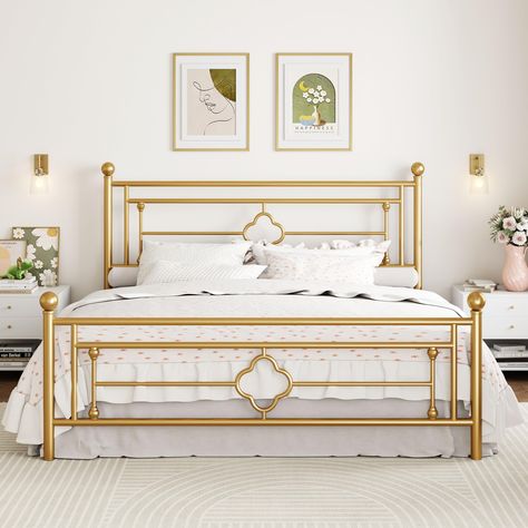 PRICES MAY VARY. [Sturdy and Durable] Crafted with heavy-duty metal support legs, our king platform bed frame ensures a solid foundation and long-lasting stability for a restful night’s sleep, making it a reliable choice for your bedroom or guest room. [Modern Design] With its sleek and minimalist design, our king bed frame with headboard and footboard adds a touch of elegance and sophistication to any bedroom decor. Whether a contemporary or classic style, this victorian frame seamlessly blends Gold Bed Frame, Wrought Iron Headboard, Vintage Headboard, Iron Headboard, Dallas Apartment, Vintage Headboards, Metal Platform Bed Frame, Bed With Posts, Cama King Size