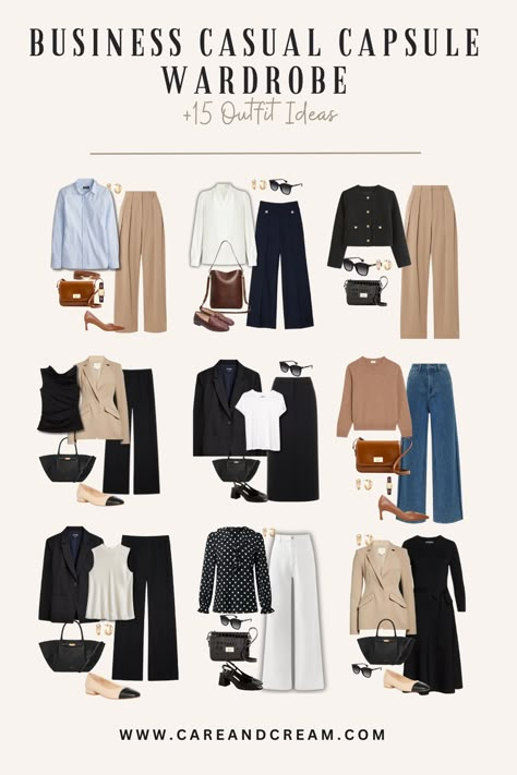 Discover the essentials for a chic business casual capsule wardrobe with this post. Filled with 15+ business casual outfits for work, the blog highlights key pieces for an impressive corporate look. Learn how to mix business casual workwear capsule pieces to create fashionable women's workwear outfits, proving office capsule wardrobes can be sophisticated and trendy. Business Casual Women Capsule Wardrobe, Outfit Guide What To Wear, Basics For Work Outfits, Capsule Wardrobe Corporate Office, Smart Casual Corporate Women, Black Blazer Capsule Wardrobe, Cool Work Clothes, Office Outfit Essentials, Workwear Capsule Wardrobe 2024