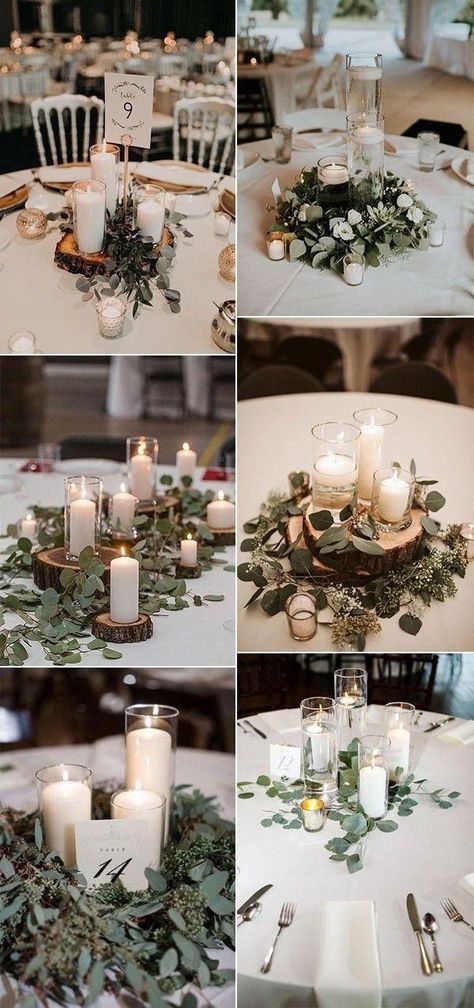 Greenery Wedding Circle Table, Round Wedding Table Eucalyptus, Wedding Centerpieces On Round Tables, Wedding Centerpiece Stands, Round Table Garland Centerpiece, September Wedding Table Decorations, Round Table Wedding Decor Sage Green, Rustic Modern Wedding Centerpieces, Wood Disc Centerpiece