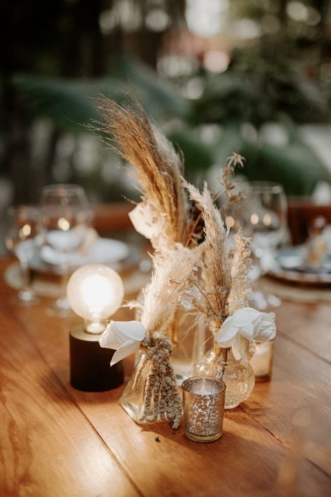 Boho Floating Candle Centerpieces, Bud Vases With Pampas, Pampas Grass Bud Vase Wedding, Dried Flower Bud Vase Centerpiece, Bud Vases Wedding Centerpiece Rust, Gold Votives, Boho Centerpiece, Floating Candle Centerpieces, Simple Wedding Centerpieces