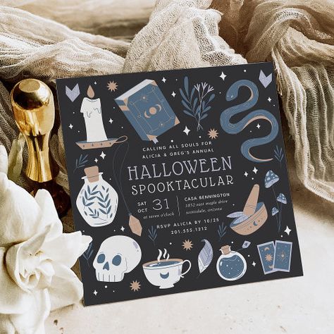 Mystic Boho Crystal Halloween Party Halloween Invitations - fortune telling theme, boho crystal, tarot card reading, witch spell book, gypsy fortune teller themed, cute skull, halloween party invitations, wicca theme, boho earth tone, adult halloween party