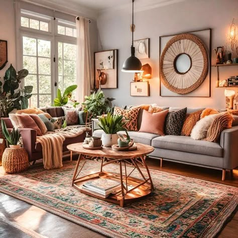 Cute Boho Living Room Ideas, Grey Couch Rustic Living Room, Colorful Living Room With Gray Couch, Boho Living Room Grey Sofa, Grey Bohemian Living Room, Boho Living Room Earth Tones, Boho Gray Couch, Tan Living Room Ideas Colour Schemes, Apartment Inspiration Rustic