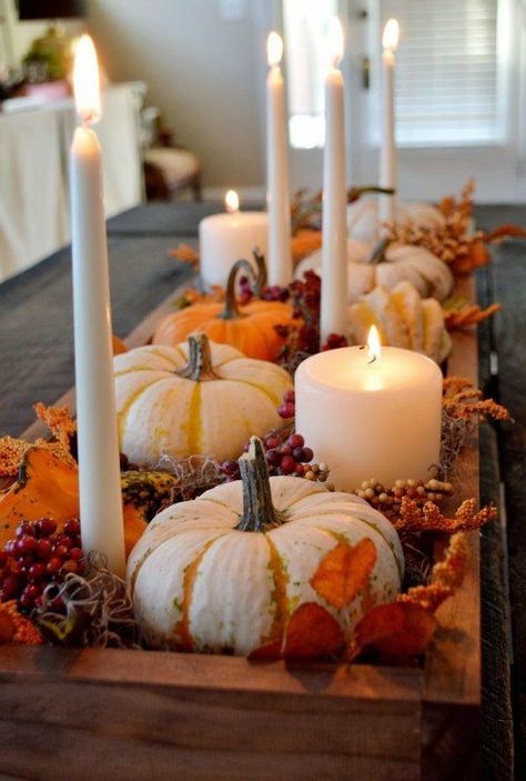 Thanksgiving Centerpiece -  small pumpkins and candles - Thanksgiving Decor. Pumpkins, Fall Decor, Leaves, Table Settings, Centerpieces, Home Decor For Fall  #thanksgivingtable #thanksgivingdecorations #thanksgivingcrafts #centerpieces #centerpieceideas Diy Thanksgiving Centerpieces, Easy Diy Thanksgiving, Dekorasi Halloween, Table Halloween, Tafel Decor, Hosting Thanksgiving, Diy Thanksgiving, Table Scapes, Fall Deco