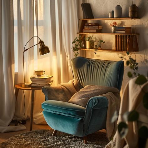 Escape into our little nook of comfort 🛋️✨. Imagine settling into a plush armchair with a warm throw, surrounded by soft lighting and your favorite books. Our cozy corner is designed to be your personal retreat for those quiet moments of relaxation. #CozyCorner #HomeDecor" Bedroom With Armchair, Armchair Cozy, Armchair Corner, Cozy Armchair, Plush Armchair, Armchair Bedroom, Personal Retreat, Home Library Design, Reading Nooks