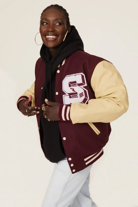 Burgundy Varsity Letterman Jacket by STADIUM GOODS for $80 | Rent the Runway Leather Jacket Long, 2024 Lookbook, Senior Jackets, Christian Merch, Varsity Letterman Jackets, Mens Casual Dress Outfits, Fashion Illustration Dresses, Tomboy Style Outfits, Letterman Jacket