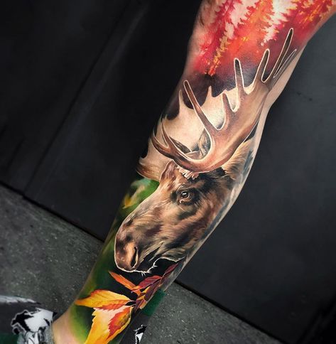 Moose by Sandra Daukshta, an artist working at Inside Tattoo Gallery in Riga, Latvia. Wildlife Tattoo Sleeve, Moose Tattoo, Wildlife Tattoo, Tattoo Leg, Tattoo Signs, Classic Tattoo, Statement Art, Female Tattoo, Realism Tattoo