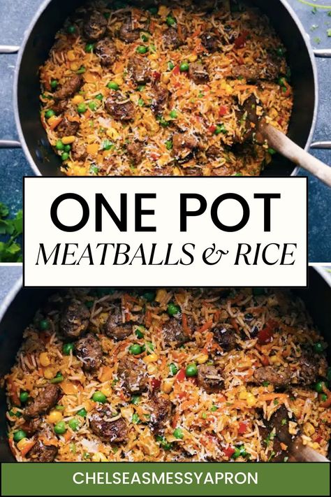 This one-pot Meatballs and Rice is downright delicious! Perfectly tender mini meatballs with fluffy rice, loads of veggies, and a spectacular spice blend. Sure to be a hit with kids and adults alike! #dinner #best #quick #easy #simple #familyfriendly #kidfriendly #onepot #meatballs #rice Quick And Easy Dinner Recipes Meatballs, Meatballs And Rice Casserole, Meatball Rice Casserole, Meatball And Rice Dinner Ideas, Meatballs Rice Recipe, Rice With Meatballs, Italian Meatballs And Rice, Rice And Meatballs Recipes, Meatballs With Rice Inside