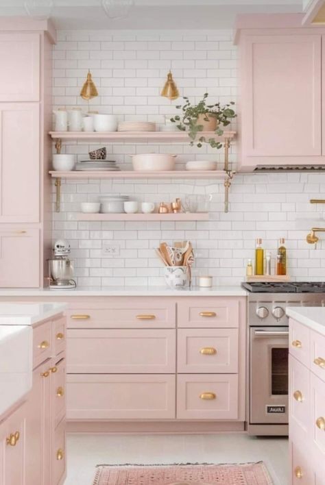 Pink And Gold Kitchen, Pink Kitchen Inspiration, Pink Kitchen Cabinets, Commercial Bakery, Pink Kitchens, Pink Cabinets, Kitchen Floating Shelves, Pastel Kitchen, Essentials Aesthetic