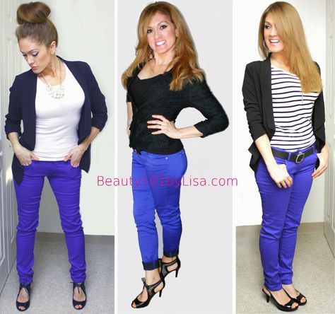 OUTFIT REMIX: Cobalt Blue Skinny Jeans Cobalt Blue Jeans Outfit, Cobalt Blue Top Outfit, Cobalt Blue Shirt Outfit, Cobalt Blue Button Down Shirt Outfit, Cobalt Pants, Celebrity Pink, Blue Jean Outfits, Jeans And Boots, Jean Outfits