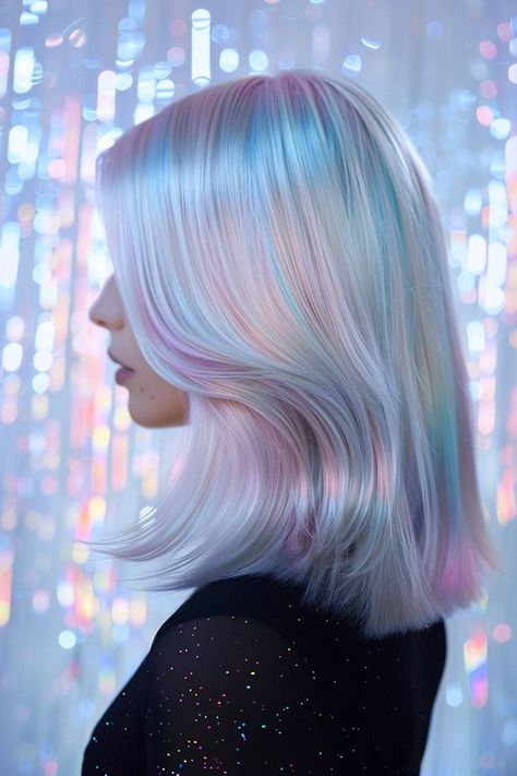 Crystalice holographic pastel winter hair color in a sleek lob Unicorn Hair Dye Colors, Teddy Bear Hair Color, Pink And Teal Hair, Prism Hair Color, Opal Hair Color, Sleek Lob, Prism Hair, Holographic Palette, Pastel Hair Colors