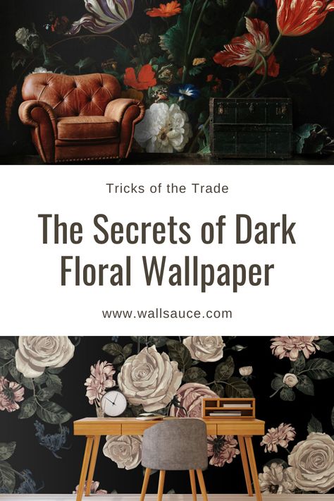 Create a stunning feature wall with our new dark floral wallpaper murals. Wallsauce. Bring texture to dark and moody walls with this beautiful, new dark floral wallpaper. Create a custom wall mural for your home and fill in our online order form to specify your wall’s dimensions. We have two types of paste the wall wallpaper: classic and premium. We also have a self-adhesive wallpaper called peel and stick. Find out more from Wallsauce! #wallpaper #floral #floralwallpaper #homedeocr #wallmural Moody Walls, Gold Bed Frame, Large Floral Wallpaper, Wallpaper Classic, Floral Wallpaper Bedroom, Simple Bed Designs, Moody Wallpaper, Feature Wall Bedroom, Floral Bedroom