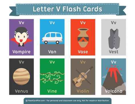 Free printable letter V flash cards. Download them in PDF format at http://flashcardfox.com/download/letter-v-flash-cards/ Ingles Kids, Language Arts Centers, Letter Flashcards, Phonics Cards, V Words, Abc Phonics, Abc Flashcards, Free Printable Flash Cards, Kindergarten Language Arts