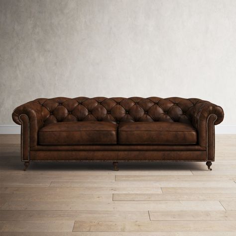 Birch Lane™ Idalia 87'' Leather Sofa & Reviews | Wayfair Basement Speakeasy, Cabin Coffee, Tufted Leather Sofa, 70s Interior, Leather Chesterfield Sofa, Leather Chesterfield, Tufted Leather, Party Room, Rolled Arm Sofa