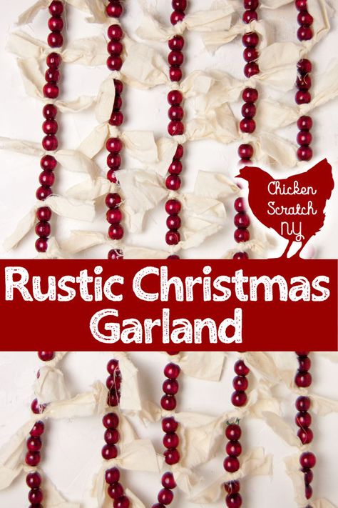 Turn a basic strand of beads into a Rustic Christmas Garland with the addition of ripped muslin and a little time. It's the perfect touch for your farmhouse Christmas! #rusticChristmas #Christmasgarland Wood Bead And Fabric Garland, Farmhouse Christmas Tree Garland, Diy Rustic Garland, Entryway Shelf Decor, Christmas Fabric Garland, Farmhouse Christmas Garland, Rustic Christmas Garland, Rag Crafts, Vintage Christmas Garland