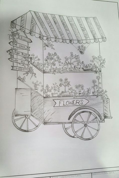 Plant Shop Drawing, Florist Drawing, Stall Drawing, Flower Shop Drawing, Market Drawing, Building Tattoo, Flower Stall, Draw A Flower, March Challenge