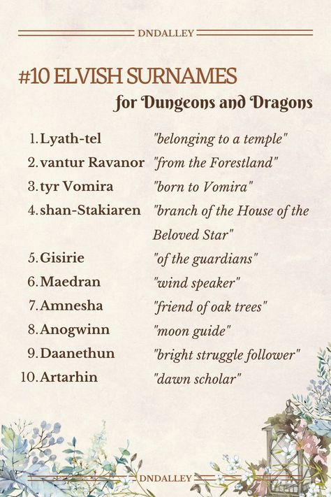 Dnd Character Name Ideas, Flower Names With Meaning, Elf Last Names, Elf Names Dnd, Druid Names, Wood Elf Names, Fantasy Surnames, Unique Flower Names, Dark Elf Names