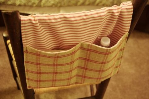 Here is the finished walker tote, hanging over a chair as it would hang over the bar of a walker. Walker Bag Tutorial, Diy Bags No Sew, Wheelchair Bags, Walker Bag, Trendy Sewing Projects, Storage Tote, Small Sewing, Ideas Craft, Beginner Sewing Projects Easy