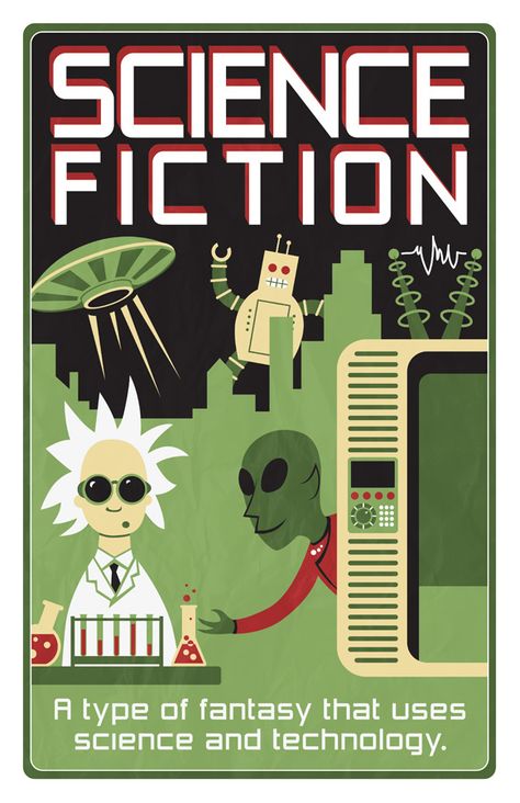 https://flic.kr/p/9bn4us | Science Fiction Genre Poster | The second in a series. Once again, another different style. I’m beginning to embrace my illustrational chameleon. Maybe it’s a badge of honor to be able to adapt to many different styles. At any rate, this one was much easier. The science fiction genre is full of fantastic imagery. Library Genre Displays, Library Poster, Writing Science Fiction, Library Signage, Genre Posters, Middle School Libraries, Library Posters, Library Book Displays, Library Signs