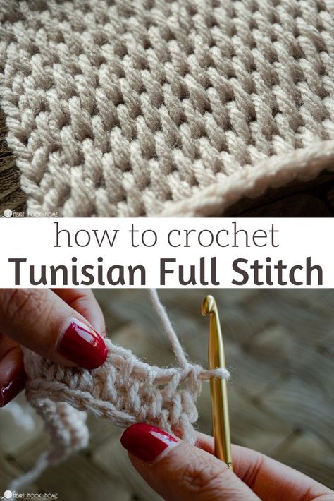 The Tunisian Full Stitch is such a beautiful stitch to use for crochet blankets, cowls, and scarves. Let's learn how to crochet this fun stitch! Tunisian Full Stitch, Tunisian Crochet Patterns, Tunisian Crochet Stitches, Crochet Stitches For Blankets, Crochet Stitches Free, Learn How To Crochet, Stitch Crochet, Crochet Stitches Tutorial, Crochet Instructions