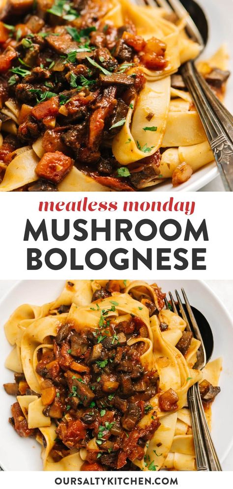 Your Meatless Monday just got really, really exceptional - hello Mushroom Bolognese! Loaded with veggies, this healthy vegan dinner recipe comes together easily and I promise that you won't mis the meat! Plant based and packed with healthy vitamins and minerals, this bolognese is great for a crowd and also super flexible. Serve over polenta for a gluten free meal, or cauliflower puree for a paleo and grain free dinner. Vegetarian Recipes For Two People, Favorite Vegetarian Recipes, Meatless Mushroom Recipes, Dinner No Meat Recipes, Healthy Meat Free Meals, Meatless Weeknight Dinners, Less Meat Meals, Vegetable Dinner Recipes Meatless Monday, Hearty Meatless Meals