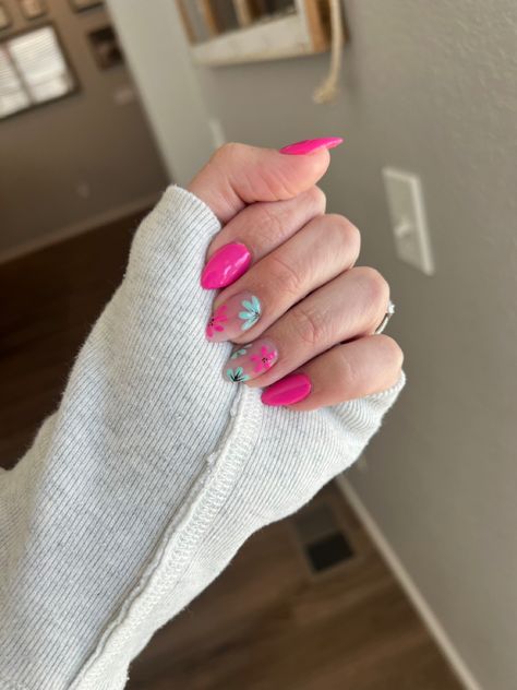 Hot Pink Nails With Accent Nail, Green Vacation Nails, Hot Pink Vacation Nails, Hot Pink And Green Nails, Hot Pink Floral Nails, Beach Nails Pink, Blue Nails With Pink Flowers, Pink And Blue Nails Design, Pink And Teal French Tip Nails