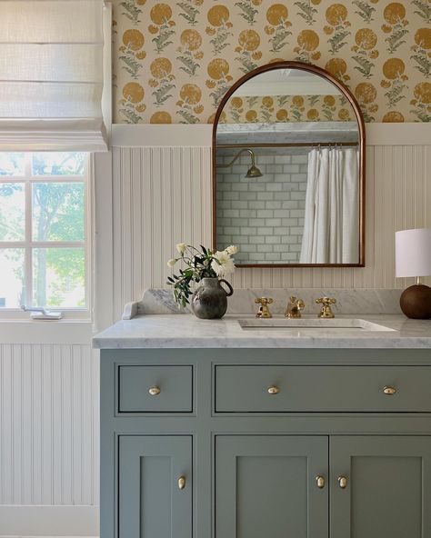 MLK powder room • Instagram Farmhouse Green Bathroom Vanity, Southern Cottage Bathroom, Green Bathroom Vanity And Wallpaper, Classic Southern Home Decor Bathroom, 2019 Southern Living Idea House, Southern Style Bathroom, Green Bathroom Vanity Farmhouse, Southern Coastal Bathroom, Green Bathroom Vanity With Wallpaper