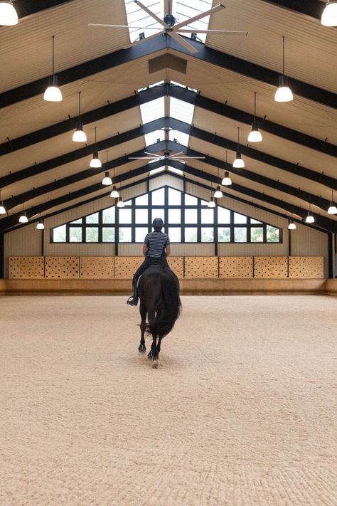 Precise lighting helps you achieve appropriate safety and comfort levels in indoor riding arenas. The requirements for footcandle (light brightness) levels depend on the type of event and level of competition occurring in the arena and can range from 18.5 for dressage training to 65 for top-level show jumping competitions. Providing enough brightness helps to ensure a safe, high-level equestrian environment. Stable Inspiration, Horse Riding Arena, Horse Arena, Dressage Training, Indoor Arena, Riding Arenas, Equestrian Facilities, English Riding, 2024 Christmas