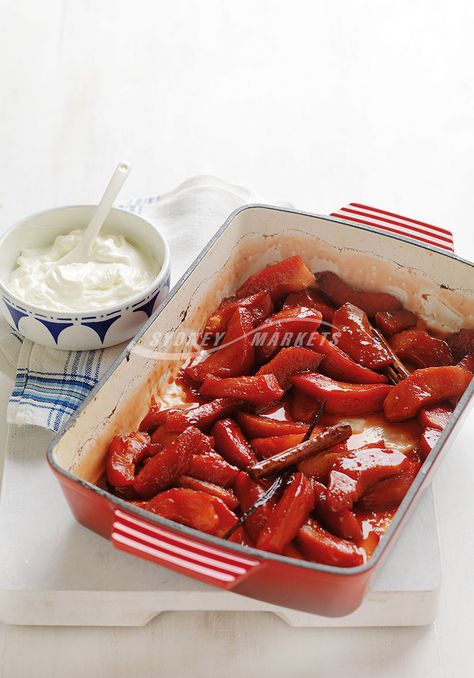 Sydney Markets - Easy roast quinces Roasted Quince, Quince Recipes, Autumn Desserts, Fruit Treats, Stewed Fruit, Easy Roast, Bean Seeds, Fruit Dishes, Baking Dish