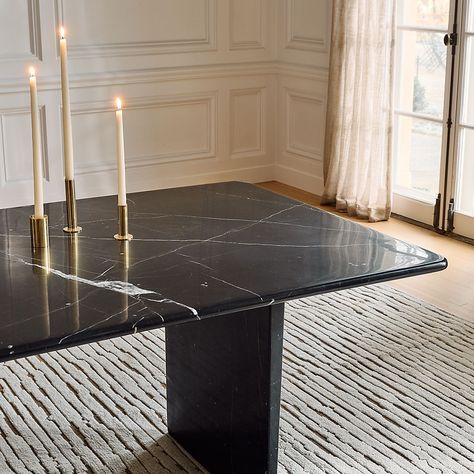 Modern Rectangular Dining Tables for Dining Rooms and Kitchens | CB2 Granite Dining Table Black, Black Marble Dinner Table, Black Marble Dining Table Decor, Black Stone Dining Table, Black Marble Table Dining, Granite Dining Table Ideas, Black Marble Top Dining Table, Marble Dining Table Design, Marble Dining Table Decor